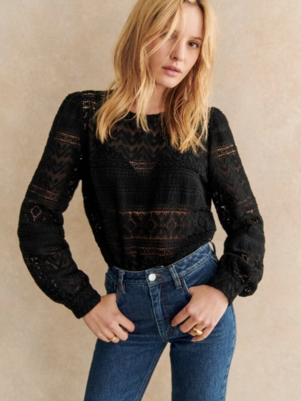 Sezane Black Crochet Knit Long-Sleeve Blouse